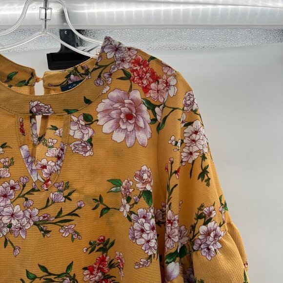 Kirious Women's Floral Cut Out Neck Top Mustard/Multi Short Ruffle Sleeve Large - Picture 5 of 9